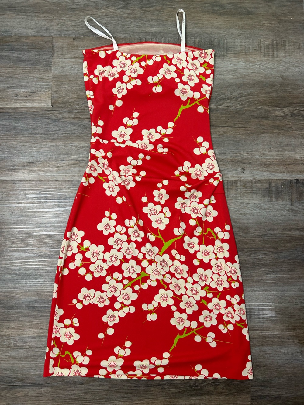 Red Floral Strapless Dress with Cream Cherry Blossom Print by Nicole Miller